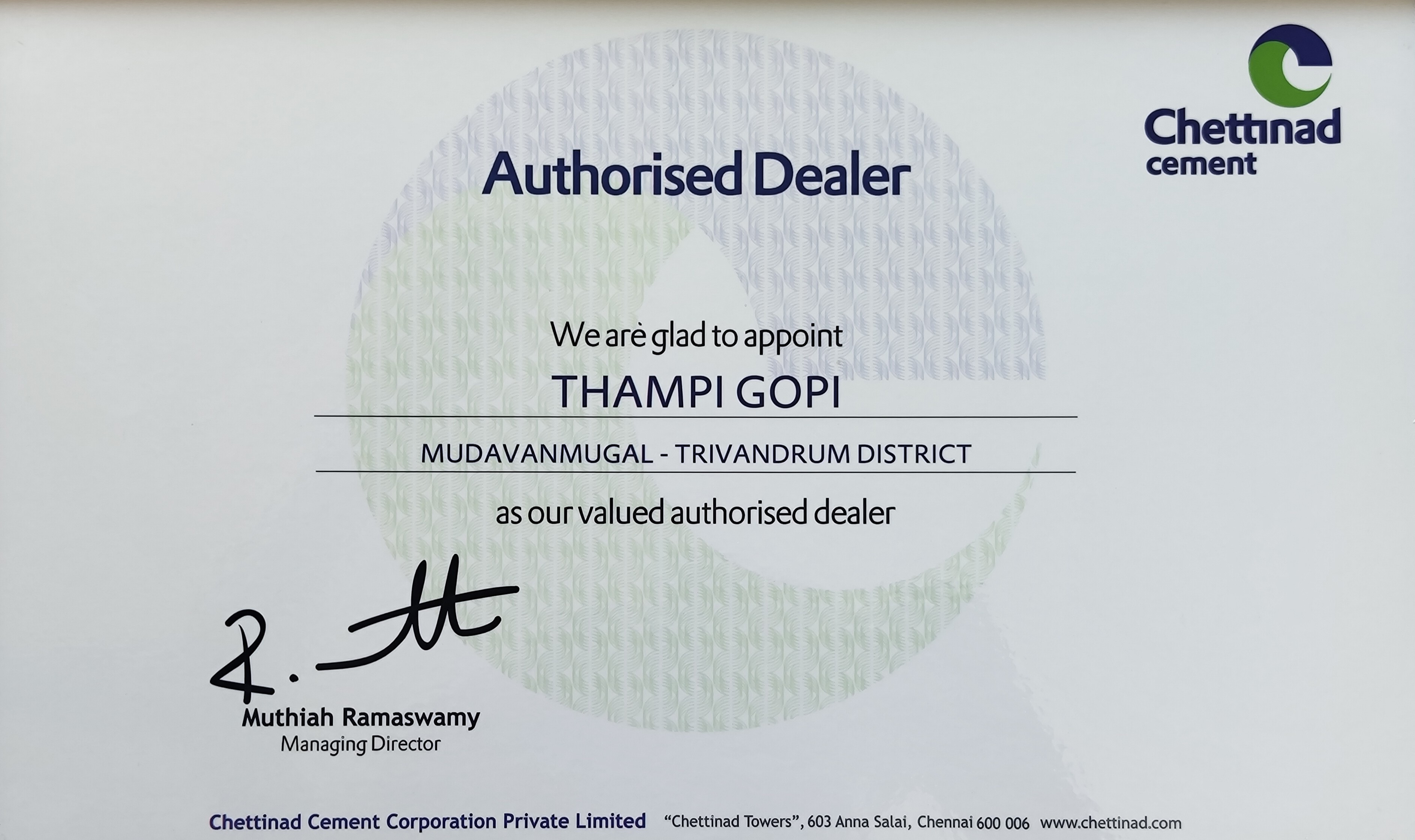 Chettinad Cement Authorized Dealer Certificate