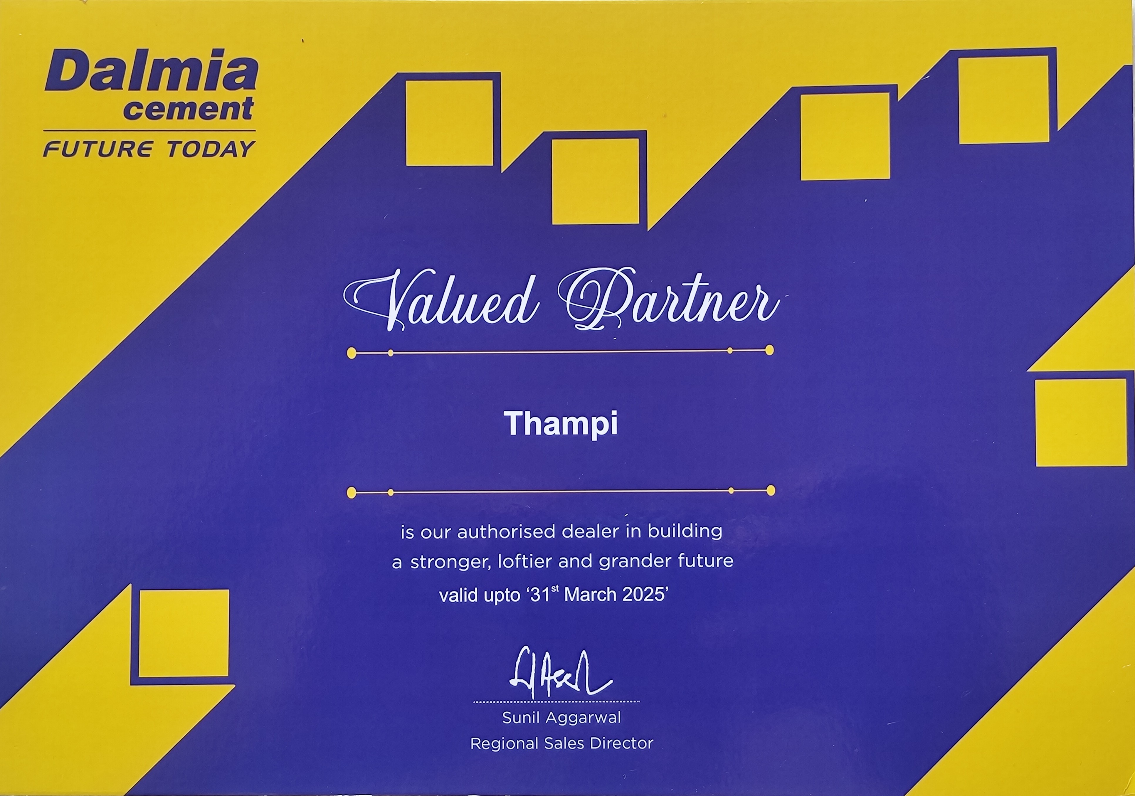 Dalmia Cement Authorized Dealer Certificate